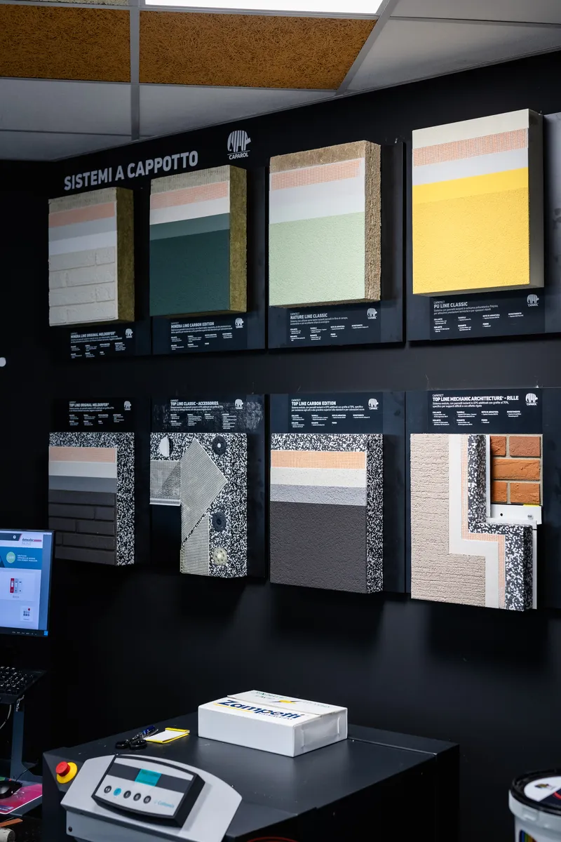 Esposizione sistemi a cappotto Caparol (Mineraline, Nature Line, PU Line) da Zampetti Roma Sistemi a Cappotto Caparol – campioni esposizione